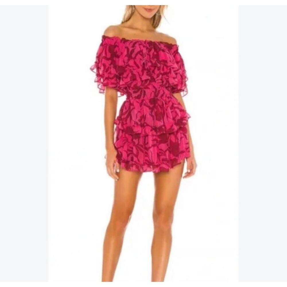 Misa Los Angeles Isella Pink Floral Off Shoulder Ruffle Tiered Boho Dress XS